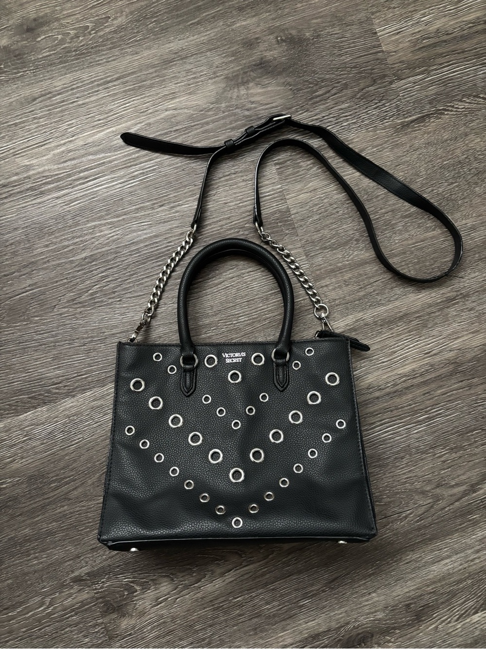 Victoria's Secret Black Leather Satchel with Silver Grommets